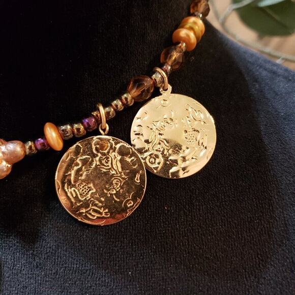 Gold Plating Coin and Round Beaded Stylish Necklace Lobster Clasp - Picture 3 of 7